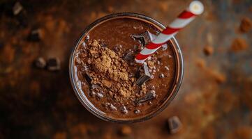Rich chocolate beverage topped with cocoa and chocolate pieces, enjoyed indoors photo