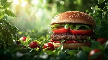Delicious gourmet burger with fresh ingredients in a lush green setting photo