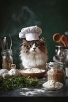 Fluffy cat chef preparing a meal with various ingredients and kitchen tools in a cozy setting photo