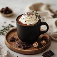 Creamy hot chocolate topped with whipped cream and chocolate shavings served in a black mug photo