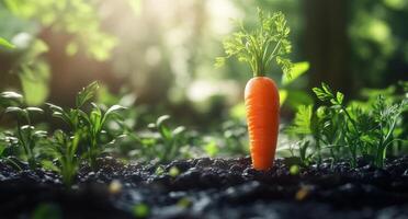 Bright orange carrot grows in rich soil under warm sunlight in a thriving garden setting photo