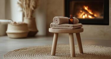 Relaxing spa setup with towels and essential oil in a peaceful home environment photo