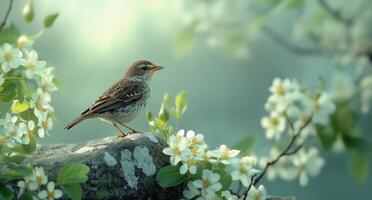 Beautiful bird perched on a rock among blooming flowers at sunset in a serene garden photo