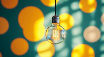 Unique light bulb hangs against a colorful, abstract background filled with bright dots photo