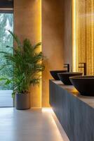 Elegant bathroom design with modern fixtures and illuminated wall features photo
