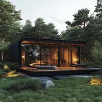 Modern glass house surrounded by greenery in a serene forest setting at dusk photo