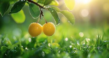 Dewy yellow fruits hanging on branch with sunlight glistening in background at dawn photo
