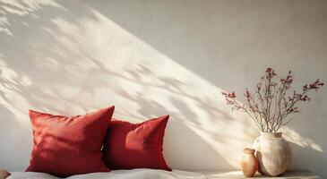 Cozy interior with warm red pillows and simple ceramic vases enhancing the tranquil atmosphere photo