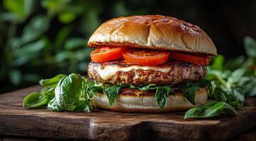 Delicious gourmet burger with fresh ingredients in a lush green setting photo