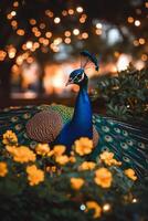 Colorful peacock standing among vibrant yellow flowers in a garden during golden hour photo