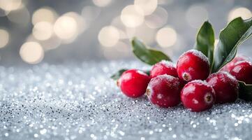 Fresh cranberries arranged on a sparkly surface with soft bokeh background for seasonal decor photo