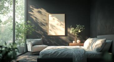 Modern bedroom with large windows and natural greenery overlooking a serene landscape photo