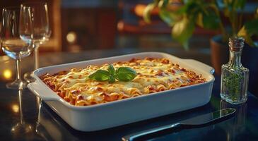 Delicious lasagna served in a white ceramic dish, surrounded by elegant dining setup photo