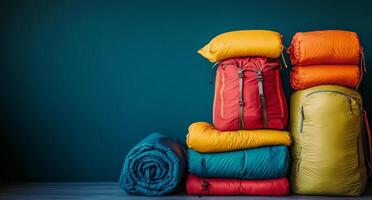 Colorful outdoor gear stacked neatly against a dark background in a well-lit space photo