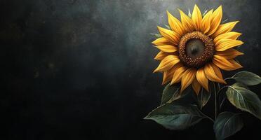 Bright sunflower blooming against a dark background in a minimalistic style photo