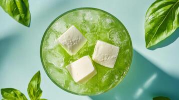 Refreshing green beverage with basil and ice on a light blue background photo