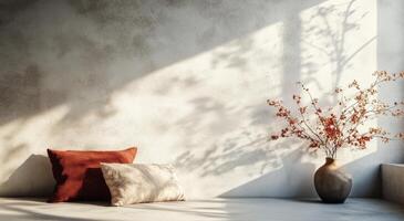 Cozy interior with warm red pillows and simple ceramic vases enhancing the tranquil atmosphere photo