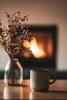 Cozy warm drink beside a glowing fireplace with dried flowers in soft background photo