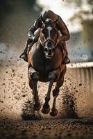 Jockey racing on a horse during sunset on a dirt track, dust swirling around in the air photo