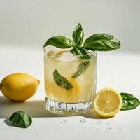 Refreshing cocktail with lemon and basil on a white background for summer enjoyment photo