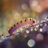 Colorful caterpillar on a wet leaf glistening in the morning light displaying intricate textures and colors photo