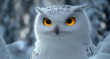 Cute animated owl with big eyes in snowy setting enjoying the winter wonderland photo