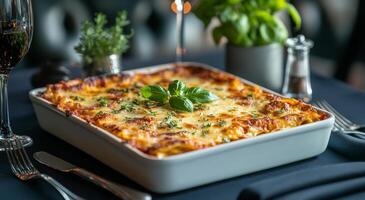Delicious lasagna served in a white ceramic dish, surrounded by elegant dining setup photo