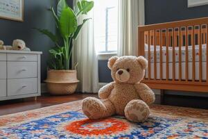 Cozy nursery with a teddy bear on the floor and a crib by the window in a modern home photo