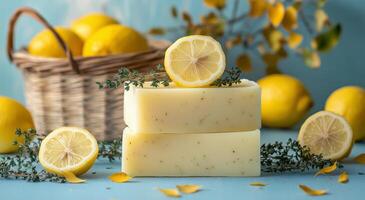 Fresh lemon soap with herbs and a basket of lemons on a blue background photo