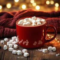 Warm red mug filled with hot chocolate topped with marshmallows against a cozy backdrop photo