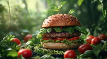 Delicious gourmet burger with fresh ingredients in a lush green setting photo