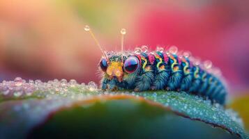 Colorful caterpillar covered in dew on a leaf during golden hour in a vibrant garden photo