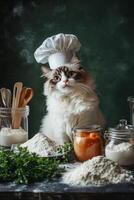Fluffy cat chef preparing a meal with various ingredients and kitchen tools in a cozy setting photo