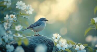 Beautiful bird perched on a rock among blooming flowers at sunset in a serene garden photo