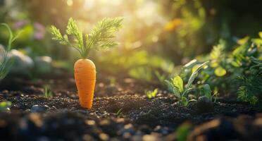 Bright orange carrot grows in rich soil under warm sunlight in a thriving garden setting photo