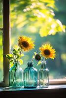 Sunflowers in glass bottles brighten a sunny window sill in a serene indoor setting photo