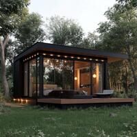 Modern glass house surrounded by greenery in a serene forest setting at dusk photo