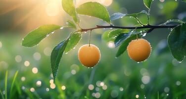 Dewy yellow fruits hanging on branch with sunlight glistening in background at dawn photo
