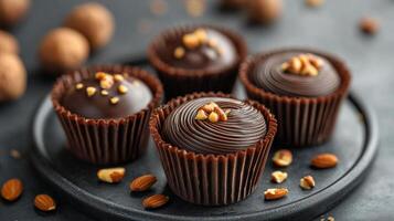Delicious handcrafted chocolate truffles on a plate with walnuts in a cozy setting photo
