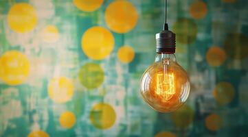 Unique light bulb hangs against a colorful, abstract background filled with bright dots photo