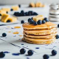Stack of fluffy pancakes topped with blueberries and syrup on a table with menu notes photo