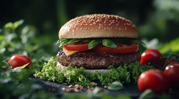 Delicious gourmet burger with fresh ingredients in a lush green setting photo
