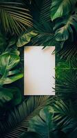 Creative blank canvas surrounded by lush tropical leaves in a serene setting photo