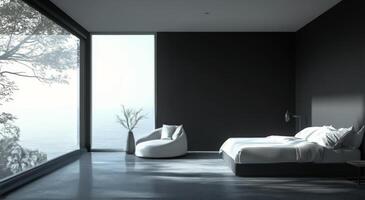Modern bedroom with large windows and natural greenery overlooking a serene landscape photo