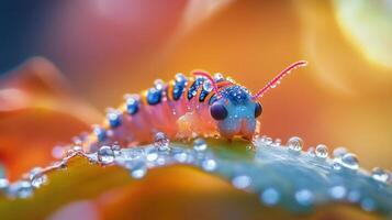Colorful caterpillar covered in dew on a leaf during golden hour in a vibrant garden photo