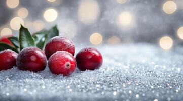Fresh cranberries arranged on a sparkly surface with soft bokeh background for seasonal decor photo