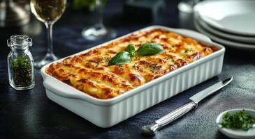 Delicious lasagna served in a white ceramic dish, surrounded by elegant dining setup photo