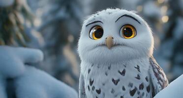Cute animated owl with big eyes in snowy setting enjoying the winter wonderland photo