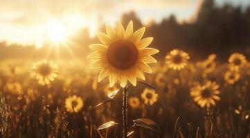 Bright sunflower in a vibrant field at sunset with warm tones and soft bokeh effects photo