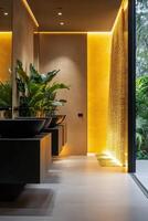 Elegant bathroom design with modern fixtures and illuminated wall features photo